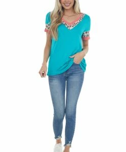Lovely Melody Bright Teal Ringer V Neck Top With Leopard Print Contrast Tops 27 Lovely Melody Bright Teal Ringer V Neck Top With Leopard Print Contrast Tops