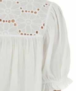 Umgee Tops Off White Split Neck Blouse With Eyelet Lace