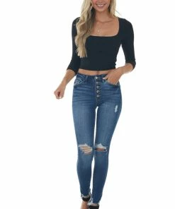 Style Melody Black Square Neck Long Sleeve Ribbed Crop Top