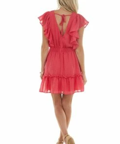 Flying Tomato Raspberry Striped V Neck Ruffle Smocked Dress 14 Flying Tomato Raspberry Striped V Neck Ruffle Smocked Dress