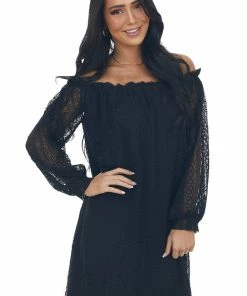 SugarFox Black Off The Shoulder Lace Short Dress