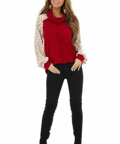 143 Story Cherry Drawstring Cowl Neck Top With Cheetah Print Sleeves