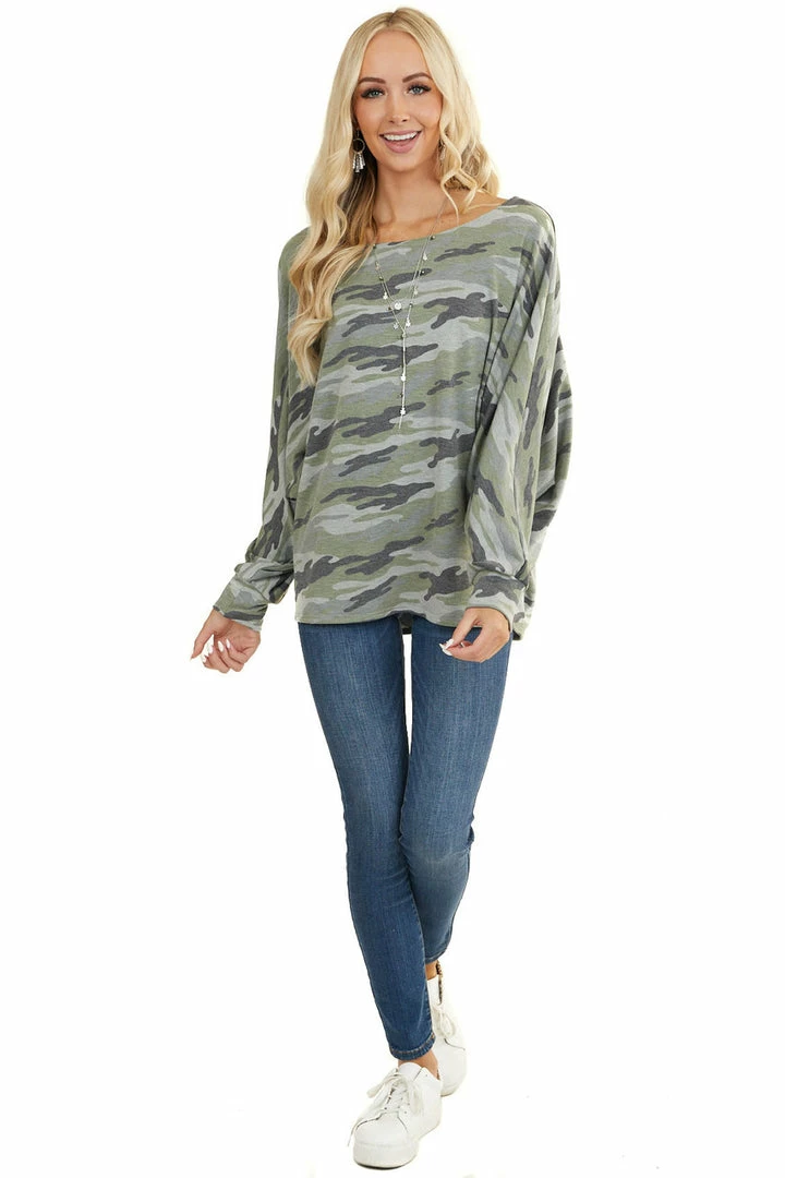 BiBi Sage And Grey Camo Knit Top With Long Dolman Sleeves 18 BiBi Sage And Grey Camo Knit Top With Long Dolman Sleeves