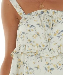 AND THE WHY Cream Floral Sleeveless Tiered Ruffle Dress Dresses
