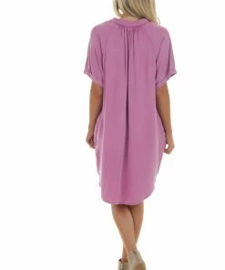 Eesome Dresses Fuchsia Mineral Wash Button Front Shirt Dress