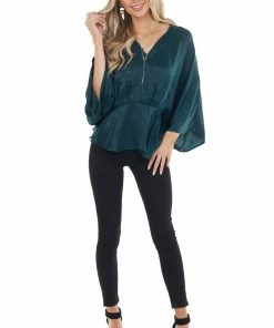 Caramela Forest Green Satin Flowy Drop Waist Blouse With V Neckline Tops