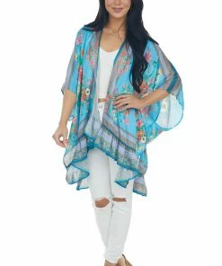 Umgee Ocean Floral Short Sleeve Open Front Kimono Tops