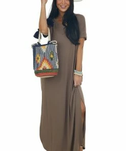ZENANA Dresses Coffee Short Sleeve Maxi Dress With Side Slits