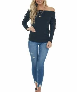 BiBi Black Folded Off The Shoulder Ribbed Top