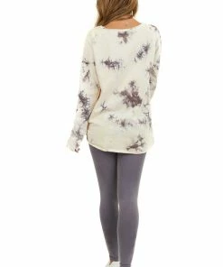 Umgee Tops Coffee And Cream Tie Dye Long Sleeve With Front Knot Detail