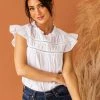 Ces Femme Off White Cap Sleeve Blouse With Lace Yoke