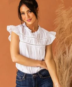 Ces Femme Off White Cap Sleeve Blouse With Lace Yoke