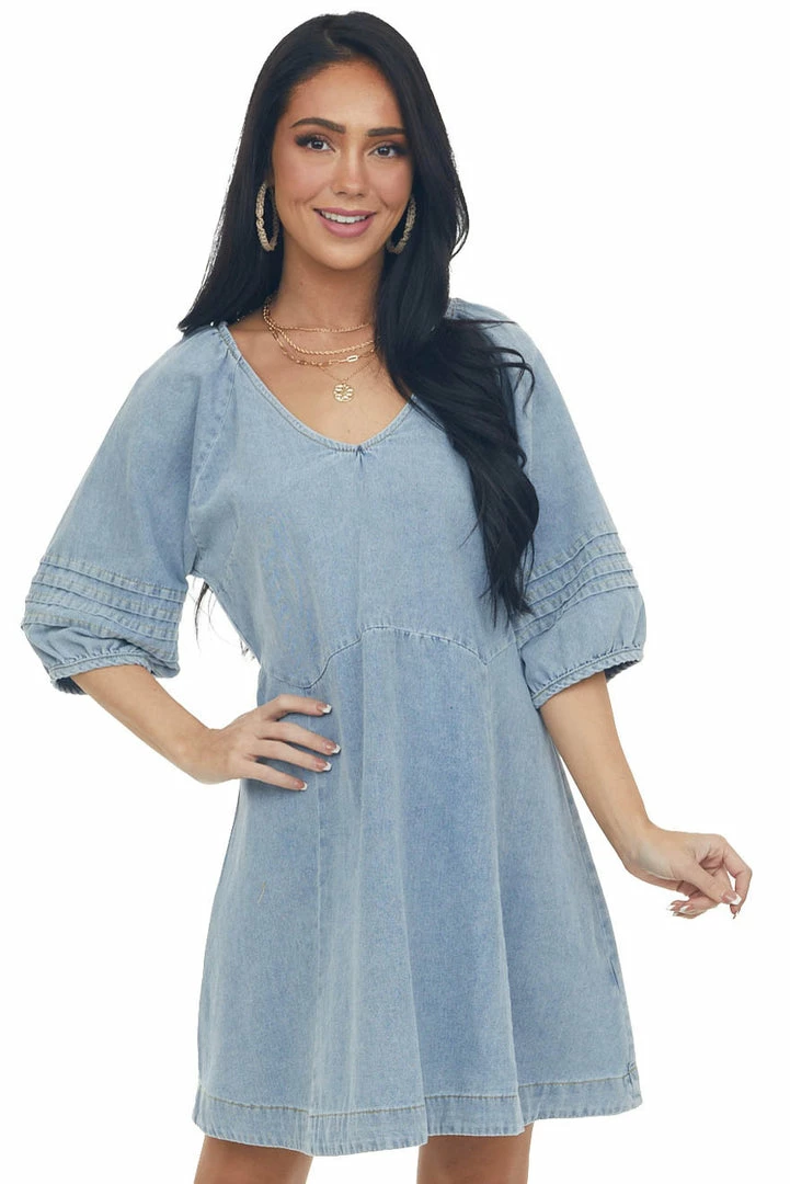 Umgee Medium Wash Pleated Puff Sleeve Denim Dress Dresses 11 Umgee Medium Wash Pleated Puff Sleeve Denim Dress Dresses