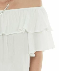 143 Story Tops Ivory Off The Shoulder Metallic Thread Blouse