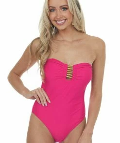 Davi & Dani Magenta Strapless Swimsuit With Gold Bar Detail