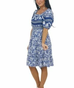 Jodifl Light Navy Tropical Print Smocked Short Dress