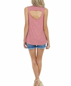 CY Fashion Red And White Striped Top With Back Draped Cutout Detail