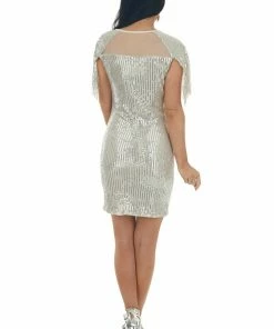 Shewin Champagne Sequin Fringe Sleeve Mesh Mini Dress 34 Shewin Champagne Sequin Fringe Sleeve Mesh Mini Dress