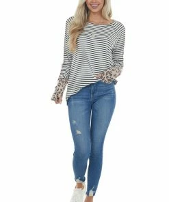 Haptics Ivory Striped Knit Top With Leopard Contrast