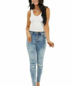 Special A Medium Wash Distressed Mid Rise Button Up Skinny Jeans