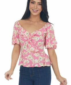 Lush Clothing Bubblegum Pink Floral Print Peplum Top Tops 26 Lush Clothing Bubblegum Pink Floral Print Peplum Top Tops