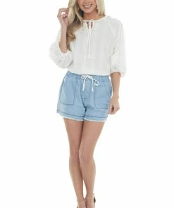 Davi & Dani Pearl Split Neck Blouse With Crochet Sleeves Tops