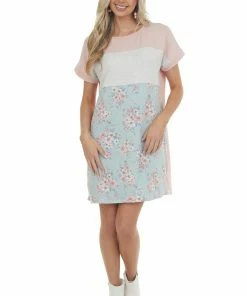 Vanilla Bay Tea Rose Floral Colorblock Dress With Pockets