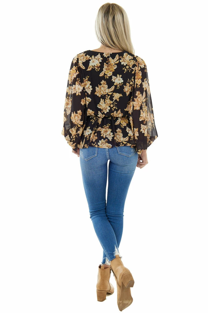 Flying Tomato Tops Black Floral Surplice Top With Bubble Sleeves 7 Flying Tomato Tops Black Floral Surplice Top With Bubble Sleeves