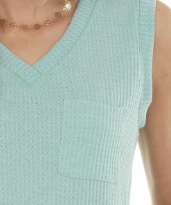 BOMBOM Mint Sleeveless Waffle Knit Top With Front Pocket And V Neck 31 BOMBOM Mint Sleeveless Waffle Knit Top With Front Pocket And V Neck