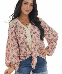 Nostalgia Pale Coral Long Sleeve Floral Front Tie Blouse Tops