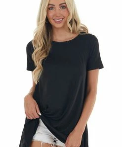 EC COLLECTION Black Short Sleeve Tunic Top With Side Pockets