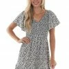 Jodifl Dresses Black Ditsy Floral Smocked Short Sleeve Dress
