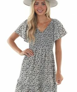 Jodifl Dresses Black Ditsy Floral Smocked Short Sleeve Dress