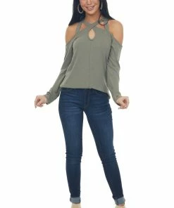 143 Story Olive Strappy Cold Shoulder Long Sleeve Top Tops