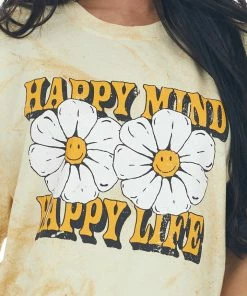 Sweet Claire Buttercream Dyed 'Happy Life' Oversized Graphic Tee Tops