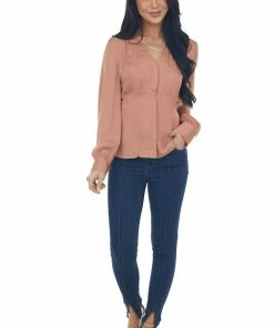 NAKED ZEBRA Tops Dusty Apricot V Neck Drop Waist Satin Blouse