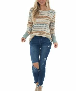 BiBi Steel Blue And Tawny Aztec Long Sleeve Top