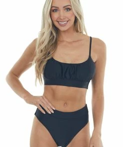 Mermaid Swimwear Black Ruched Scoop Neck High Leg Bikini Set Accessories