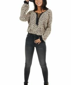 Lovely Melody Tops Cream And Charcoal Leopard Print Knit Top With V Neckline