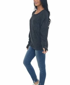 BiBi Tops Charcoal Dolman Sleeve Brushed Knit Top