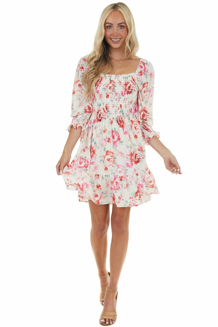 Peach Love Cream And Ruby And Smocked Bust Long Sleeve Mini Dress Dresses 13 Peach Love Cream And Ruby And Smocked Bust Long Sleeve Mini Dress Dresses