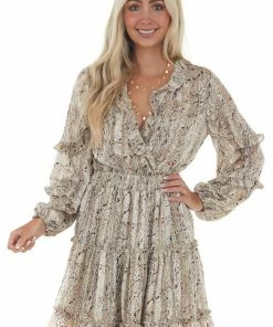 Main Strip Champagne Snake Print Smocked Waist Mini Dress Dresses
