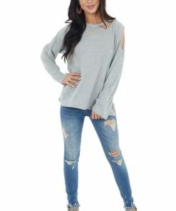 143 Story Heather Grey Waffle Knit Long Sleeve Top With Cold Shoulder Tops