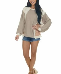 BiBi Taupe Colorblock Knit Top With Lace Details Tops