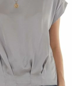 She + Sky Silver Short Cuff Sleeve Pleated Hem Blouse