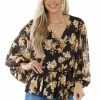 Flying Tomato Tops Black Floral Surplice Top With Bubble Sleeves