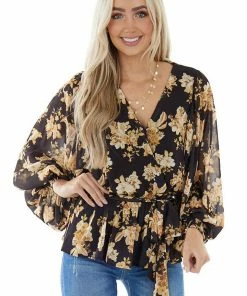 Flying Tomato Tops Black Floral Surplice Top With Bubble Sleeves