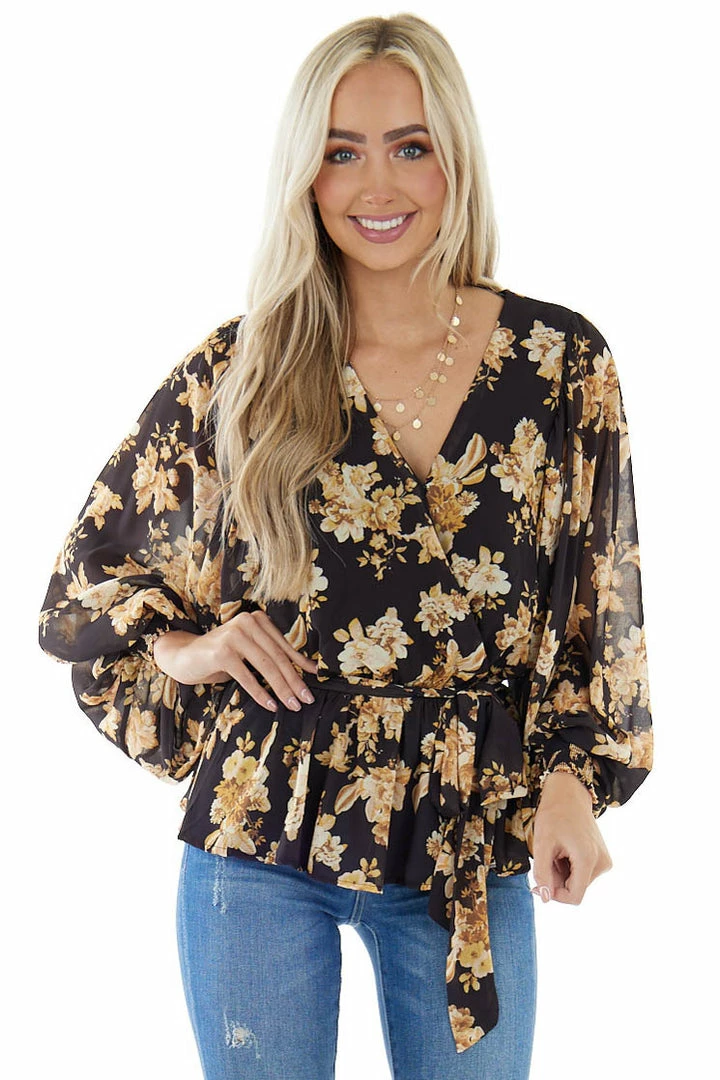 Flying Tomato Tops Black Floral Surplice Top With Bubble Sleeves 3 Flying Tomato Tops Black Floral Surplice Top With Bubble Sleeves