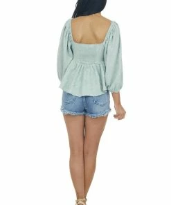 Entro Pastel Sage Floral Textured Babydoll Blouse Tops
