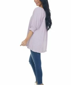 Umgee Lilac Woven Half Bubble Sleeve Top With Frayed Hem Tops